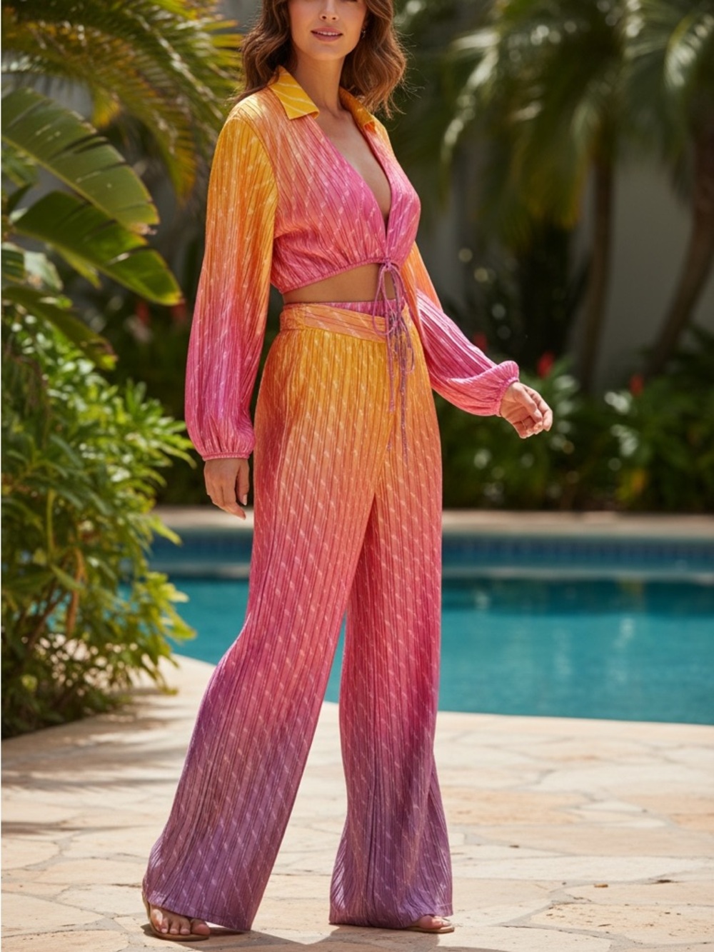 Rococo Sand Pleated Ombre Tie-Front Crop Top and Wide-Leg Pants Set Size M